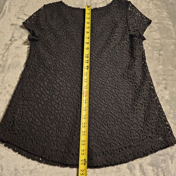 Kaari Blue Tunic Top Blouse Womens Medium Black Floral Lace Career Workwear - Picture 13 of 14